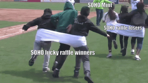 A Group Of People Running On A Baseball Field With The Words Soho Mint And Soho Raffle Losers On The Bottom GIF