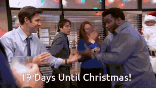 A Group Of People Shaking Hands With The Words 19 Days Until Christmas Written Below Them GIF