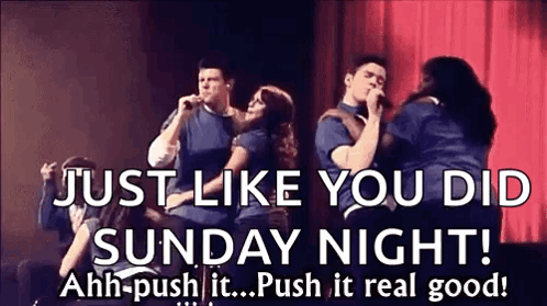 A Group Of People Singing On A Stage With The Words Just Like You Did Sunday Night GIF