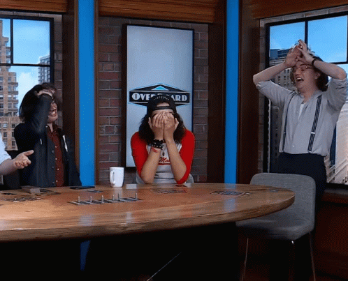 A Group Of People Sitting Around A Table With A Sign That Says Overboard On It GIF