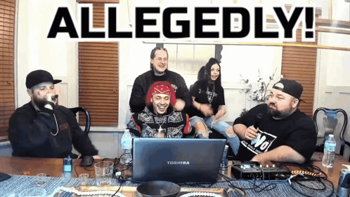 A Group Of People Sitting Around A Table With Allegedly Written On The Bottom GIF