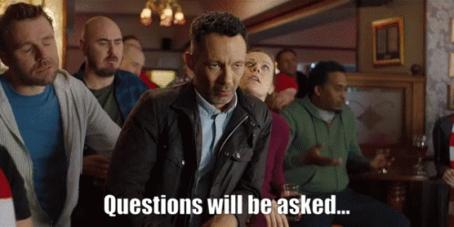 A Group Of People Sitting In A Bar With The Words Questions Will Be Asked On The Bottom GIF