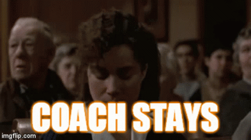 A Group Of People Sitting In A Church With The Words Coach Stays On The Screen GIF