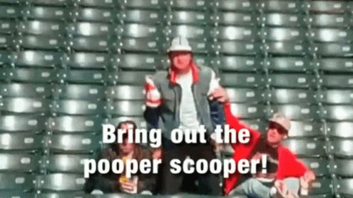 A Group Of People Sitting In A Stadium With The Words Bring Out The Pooper Scooper On The Bottom GIF