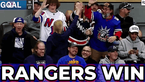 A Group Of People Sitting In A Stadium With The Words Rangers Win GIF