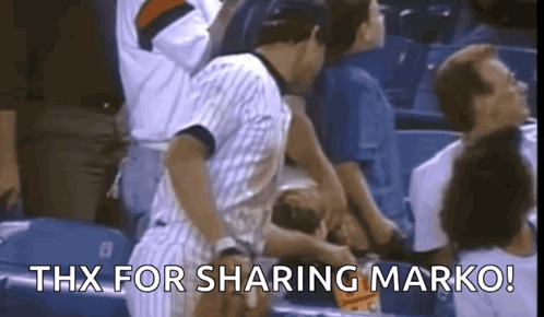 A Group Of People Sitting In A Stadium With The Words Thx For Sharing Marko Written On The Screen GIF