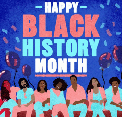 A Group Of People Sitting In Front Of A Blue Background That Says Happy Black History Month GIF