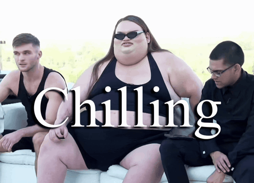 A Group Of People Sitting On A Couch With The Word Chilling On The Bottom Right GIF