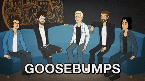 A Group Of People Sitting On A Couch With The Word Goosebumps On The Bottom Right GIF