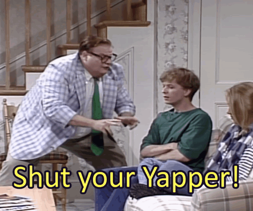 A Group Of People Sitting On A Couch With The Words Shut Your Yapper In The Corner GIF