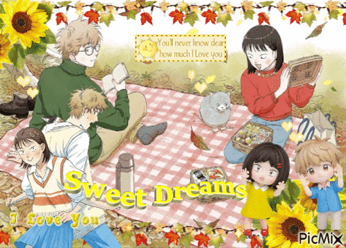 A Group Of People Sitting On A Picnic Blanket With The Words Sweet Dreams Written On The Bottom GIF