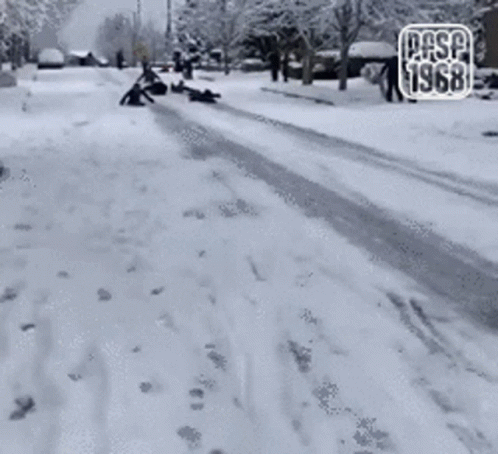 A Group Of People Sledding Down A Snow Covered Street With The Year 1968 On The Bottom GIF
