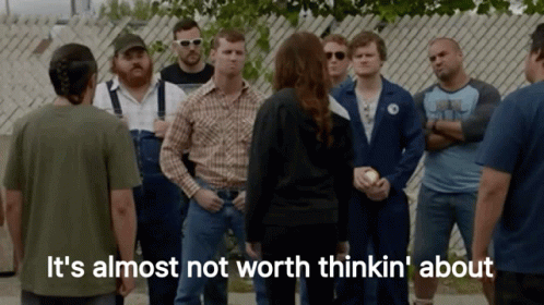 A Group Of People Standing In A Circle With The Words " It 'S Almost Not Worth Thinkin ' About " Above Them GIF