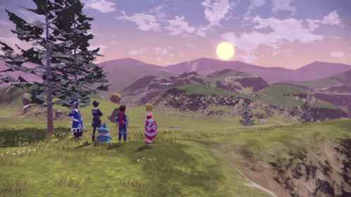 People Standing In Field With Mountains And Sun GIF