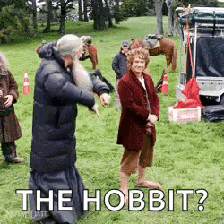 A Group Of People Standing In A Grassy Field With The Words `` The Hobbit '' Written On It . GIF
