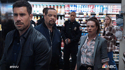 A Group Of People Standing In A Grocery Store With Nbc On The Bottom Right GIF