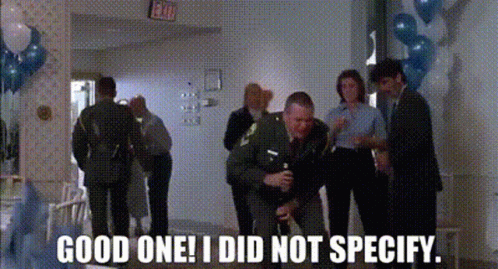 A Group Of People Standing In A Hallway With The Words " Good One I Did Not Specify " GIF