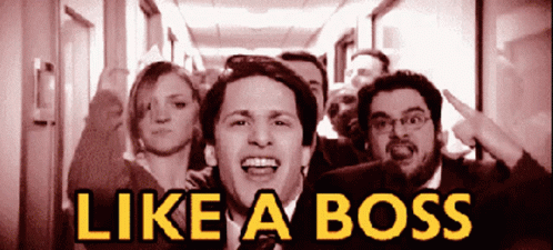 A Group Of People Standing In A Hallway With The Words Like A Boss GIF