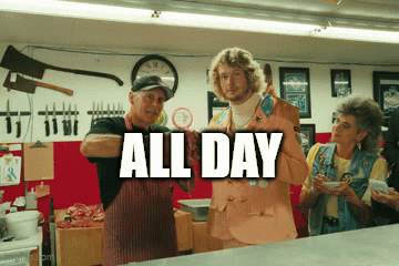 A Group Of People Standing In A Room With The Words All Day On The Bottom GIF
