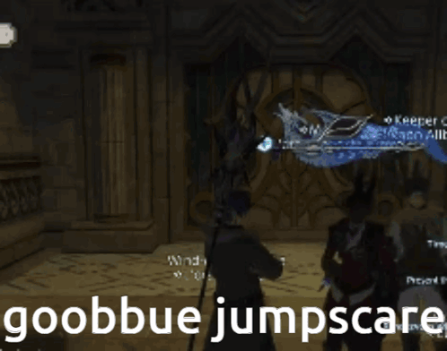 A Group Of People Standing In A Room With The Words Goobbue Jumpscare Written On The Screen GIF