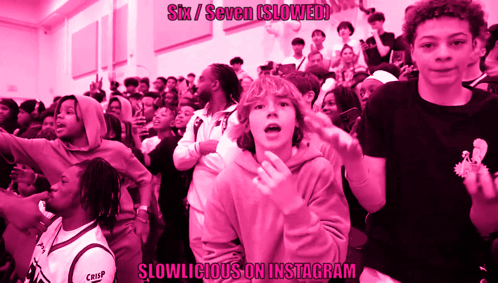 A Group Of People Standing In A Room With The Words Six / Seven Slowed GIF