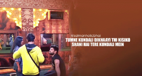 a group of people standing in a room with the words tumne kundali dikhaayi thi kisiko shani hai tere kundali mein