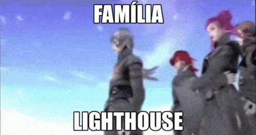 A Group Of People Standing In Front Of A Blue Sky With The Words Familia Lighthouse GIF