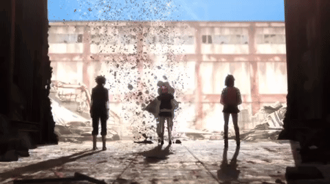 A Group Of People Standing In Front Of A Building With A Large Explosion In The Background GIF