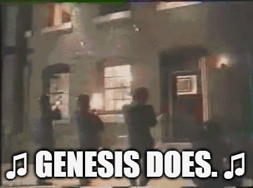 A Group Of People Standing In Front Of A Building With The Words " Genesis Does " On The Bottom GIF
