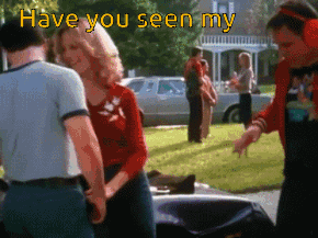 A Group Of People Standing In Front Of A Car With The Words " Have You Seen My " Written Above Them GIF