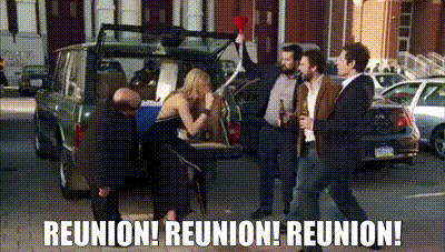 A Group Of People Standing In Front Of A Car With The Words Reunion ! Reunion ! Reunion ! Written On The Bottom GIF