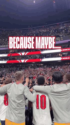 A Group Of People Standing In Front Of A Crowd With The Words Because Maybe Written On The Top GIF