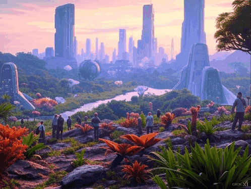 A Group Of People Standing In Front Of A Futuristic City With The Letters Gx On The Bottom Right GIF