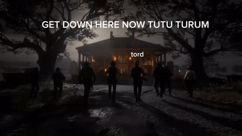 A Group Of People Standing In Front Of A House With The Words Get Down Here Now Tutu Turun On It GIF