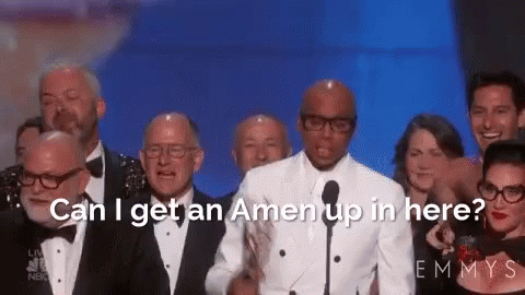 A Group Of People Standing In Front Of A Microphone With The Words " Can I Get An Amen Up In Here " GIF