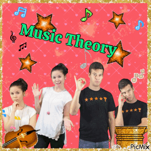 A Group Of People Standing In Front Of A Pink Background With The Words Music Theory GIF