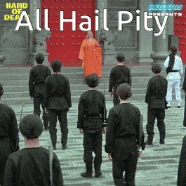 A Group Of People Standing In Front Of A Red Door With The Words All Hail Pity GIF
