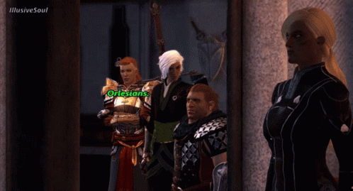 A Group Of People Standing In Front Of A Sign That Says " Orlesians " GIF