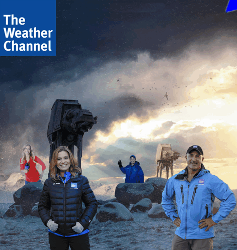 A Group Of People Standing In Front Of A Storm Trooper And The Words " The Weather Channel " GIF