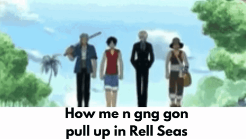 A Group Of People Standing Next To Each Other In Front Of A Blue Sky And Trees . GIF