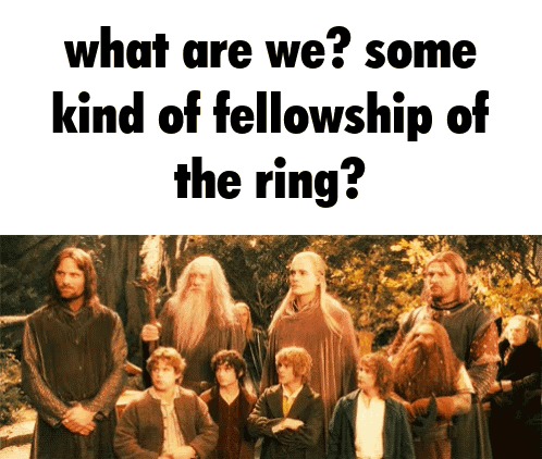 A Group Of People Standing Next To Each Other With The Caption " What Are We Some Kind Of Fellowship Of The Ring " GIF