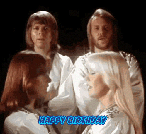 A Group Of People Standing Next To Each Other With The Words Happy Birthday Written In Blue GIF