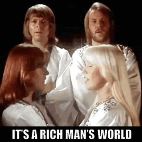 A Group Of People Standing Next To Each Other With The Words It 'S A Rich Man 'S World Written Below Them . GIF