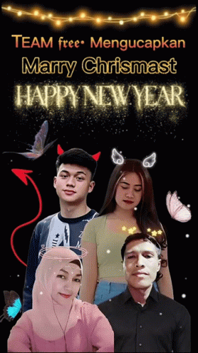 a group of people standing next to each other with the words marry chrismast happy new year above them