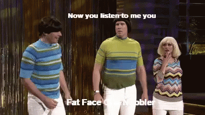 A Group Of People Standing Next To Each Other With The Words Now You Listen To Me You Fat Face GIF