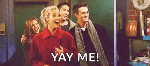 A Group Of People Standing Next To Each Other With The Words `` Yay Me '' Written Above Them . GIF