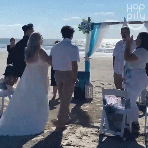 A Group Of People Standing On A Beach With A Sign That Says " Hap Oily " GIF