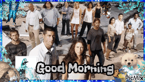 A Group Of People Standing On A Beach With The Words " Good Morning " On The Bottom GIF