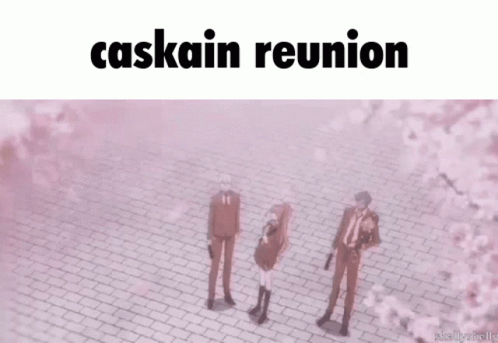 A Group Of People Standing On A Brick Sidewalk With The Words Caskain Reunion On The Bottom GIF
