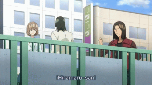 A Group Of People Standing On A Bridge With Hiramaru-San Written In The Corner GIF